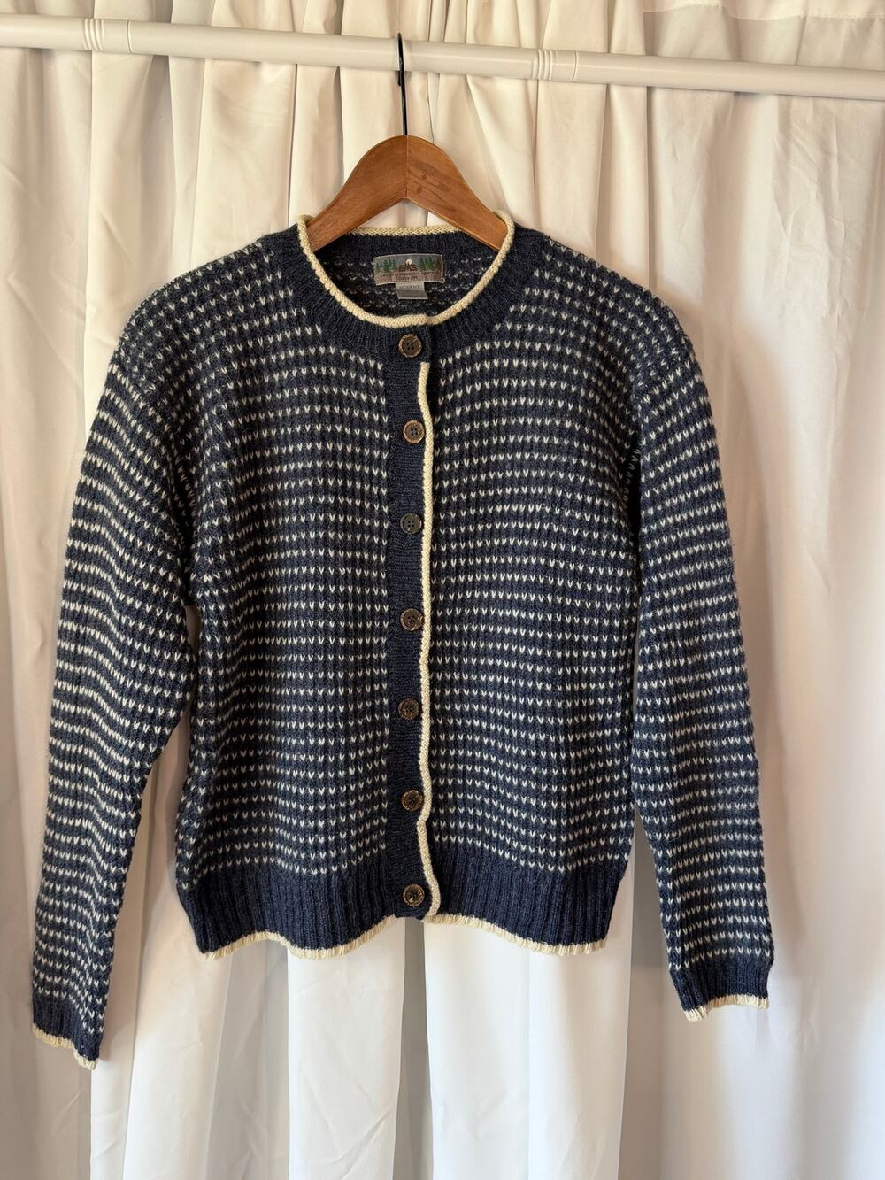Vintage EMS Wool Birdseye Cardigan Sweater Women M Navy Nordic Cottagecore